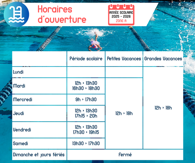 Les horaires affichés correspondent à l'ouverture au public et à l'évacuation du bassin. Les horaires affichés correspondent à l'ouverture au public et à l'évacuation du bassin.